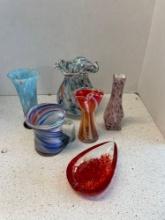 Handblown art glass vases including confetti and an ashtray