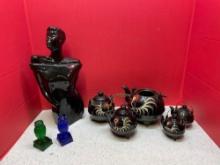 Degenhart glass owls, art deco Lindsey Blackwell porcelain figure, Japan tea set