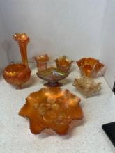 Marigold Carnival glass dish, vase, more