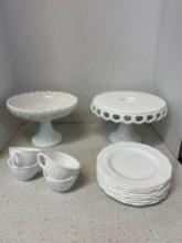 Milk glass cake stand, cups and plates