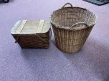 Vintage baskets, including a picnic basket