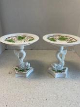 Vintage handpainted Milk, glass hand painted dolphin pedestal dishes