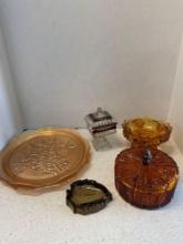 Marigold irridescent plate, Indiana glass dresser box, Imperial glass leaf dish