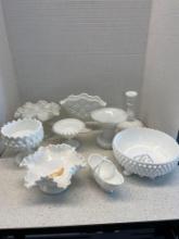 Milk glass lot Includes fan vase, ruffled vases, and more