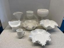 Handpainted Fenton violets basket and other milk glass pieces