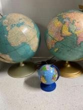3 world globes, 2 wooden storage boxes, Reebok resistant band
