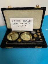 Vintage scales and weights in case
