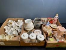 Demitasse cups and saucers, signed crock, porcelain figures and more