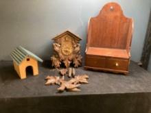 German cuckoo clock, birdhouse, and primitive shelf