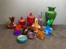 Murano vase, LE Smith Moon and stars, Fenton, handpainted baskets and other colorful glass