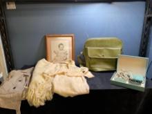 Vintage baby photo, clothing belonging to baby in photo, Samsonite luggage and ladies Schick blow