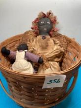 Black Americana soft cloth dolls and a Longaberger basket