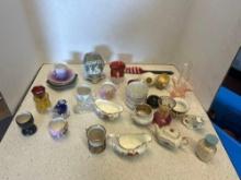 miniature glassware. tea cups, saucers, cups, vases, etc.