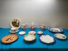 J&G Meakin red transfer ware, flow blue plate, various plates