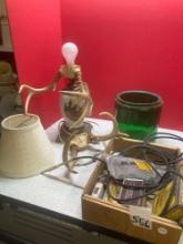 Deer lamp with antlers, large green glass jar, and radio products