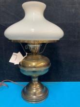 Vintage Brass Library Rayo Table Lamp w/ Glass Opaque White Shade
