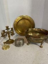 Brass charger, bowl, candleholders