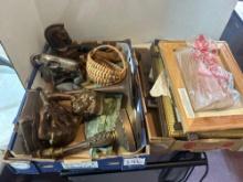 large lot of framed pictures, picture frames, animal decorations wooden candle holders, basket etc