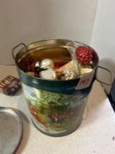 large tin of Christmas decorations, ornaments, sleighs, cornucopia and more