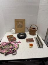 Vintage wallets, Davy Crockett, and Gene Autry Sugardale watch in box, copper watering can, more