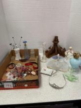 Jewelry, hat pin holder and pins, perfume bottle, other glass and ceramic decorative items