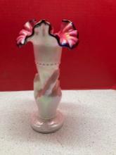 Fenton Black Rose Crest Iridescent Milk Glass 11? Hand Trumpet Cornucopia Vase