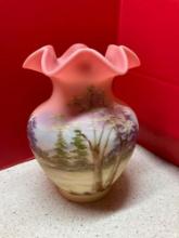 Stunning Frank Fenton satin hand painted and signed pink ruffled vase