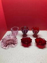 Fenton ruby carnival glass tagged candleholders, pink swirl bowl, holder