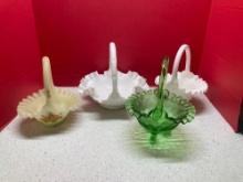 Fenton glass, satin, milk glass baskets two with labels