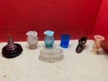 Fenton glass tree, small hobnail vases, toothpick holder, shoe, hand vase