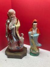 porcelain Chinese God on brass base and porcelain Chinese goddess of mercy