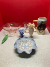 Pink depression glass bowl, slag glass vase, satin vase, hand painted vase and stein