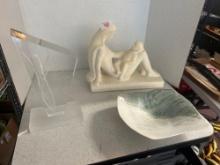 cattail glass sculpture. vintage Haeger mother sculpture, and vintage dish
