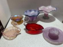 pink opalescent swan Tray and Ruby and clear glass Swan tray. blue and white art glass bowls