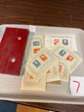 1950s Ohio sales tax stamps in holder and 100th anniversary, US postage stamps and complement to the