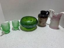 miniature hobnail green glass cups, flower detailed bowl and ceramic and painted pitcher