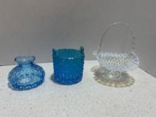Hob nail ruffled crystal glass bowl milk glass rimmed. Fenton carved blue glass