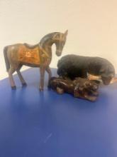 wooden carvings 9.5 inch carved and painted horse, walnut lion and black bear