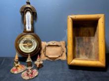 vintage thermometer/barometer, tin picture frame, wooden display box and 3 Tom Clark gnomes