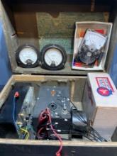amp meters, voltmeters etc in wooden storage box