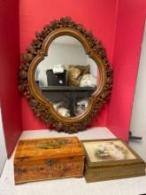 Syrocco vintage mirror, 2 jewelry boxes, Brass items