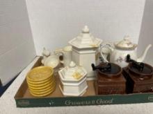 pottery lot including Pigeon Forge Pottery saucers, vintage Czechoslavakian teapot creamer pitcher