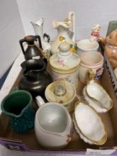 several pieces of decorative pottery including a vintage Mandi Neko Lucky Cat teapot, vintage angel
