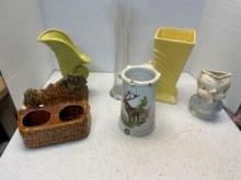 vintage Hugo Schmidt porcelain elk transfer Stein, 1940 Shawnee pottery 6 inch owl, pitcher milk