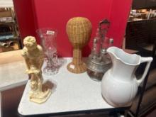 Silver plate cruet condiment stand, ceramic picture, antique glass table lamp, hat stand, and Greek