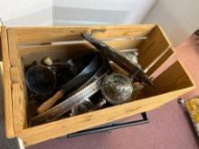 Silver plated cookware and large wooden crate