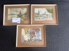 3 vintage European scenic watercolor prints
