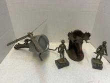 Metal helicopter made from automotive piston, metal knights on marble bases, Jennings Brothers,
