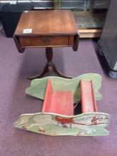 small antique drop leaf side table and antique horse toy