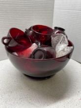 Anchor hocking glass, Ruby red punch bowl, cups, and stand